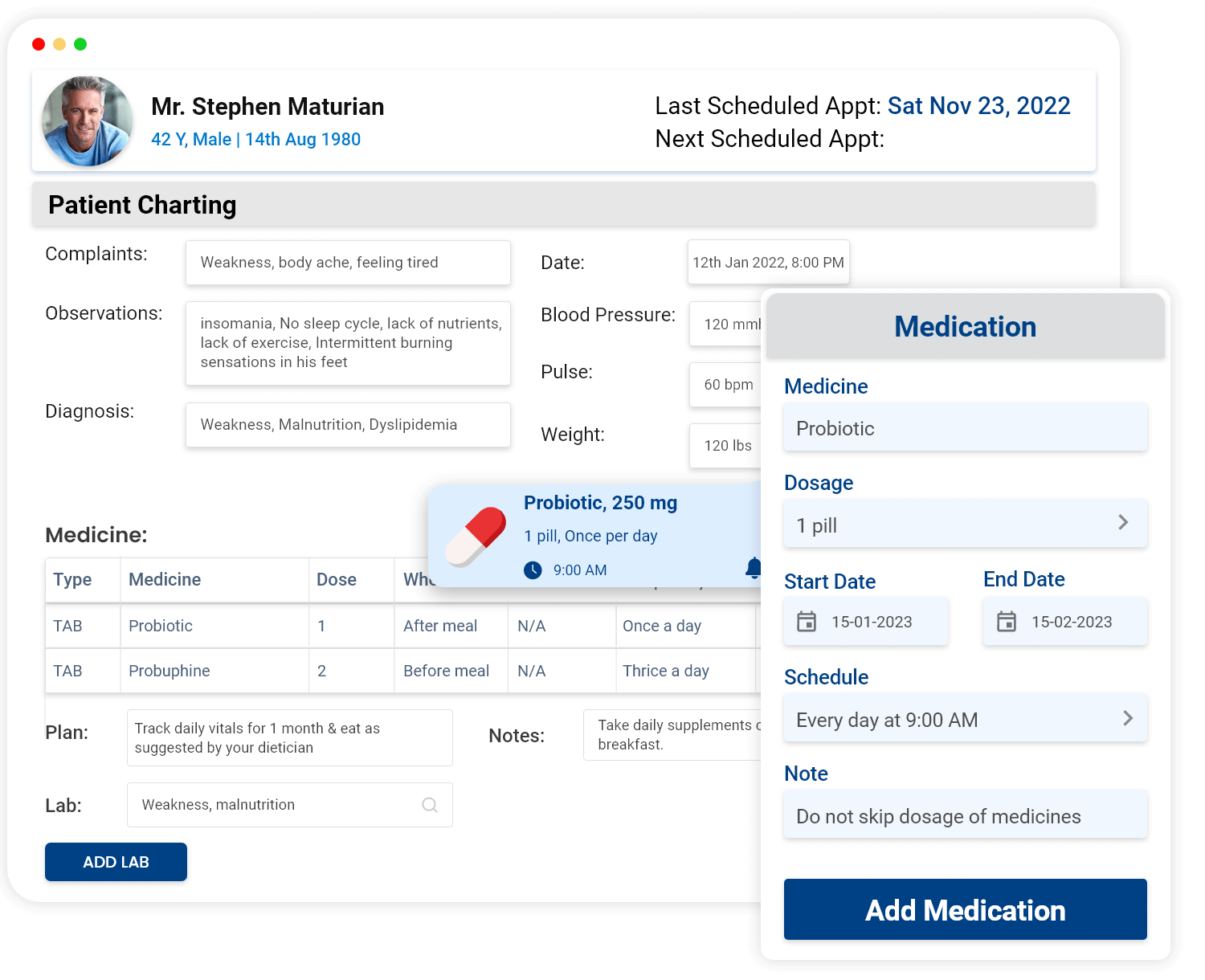Custom patient charting with a care medication plan.