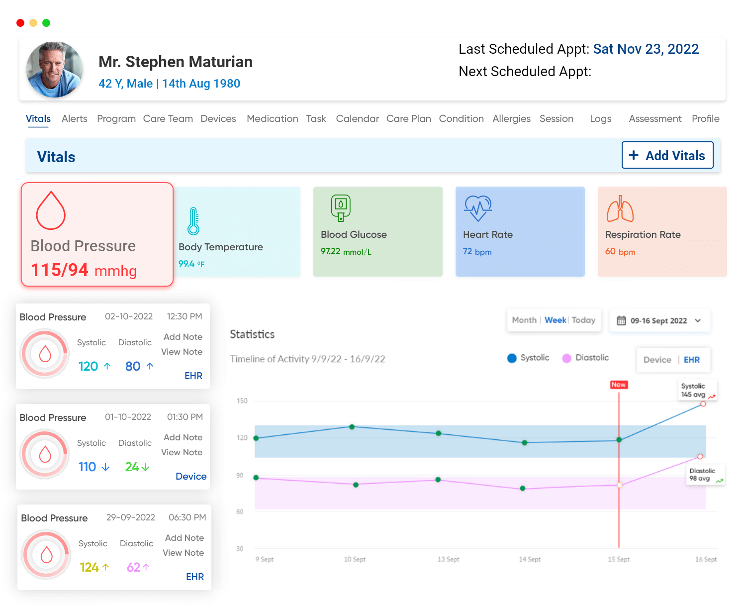 Instant access to patient demographics and vitals to review medical information and history.