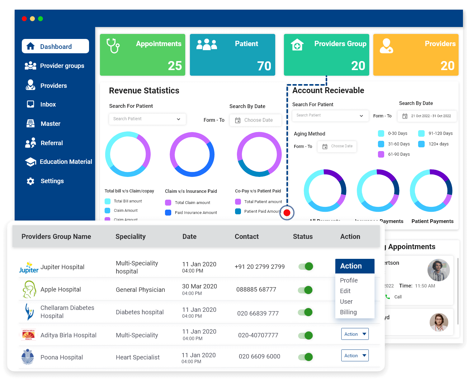 Telemedicine software feature with an option to view all the available providers with their contact details.