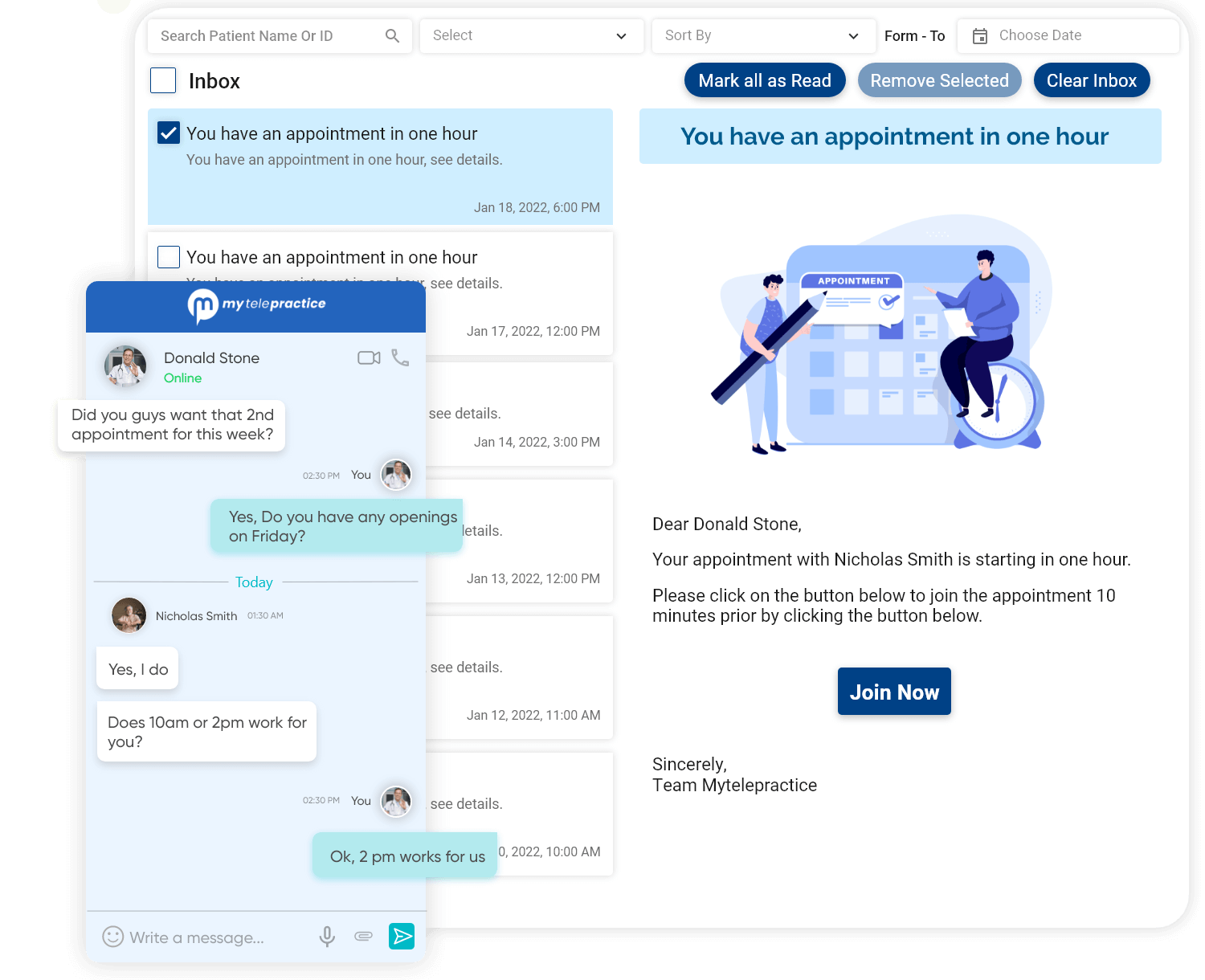 Real-time video conferencing and chats with the providers.