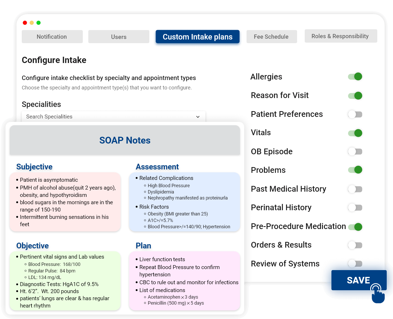 Customized patient intake forms with fields for medical information and SOAP notes designed for efficient and accurate record-keeping.