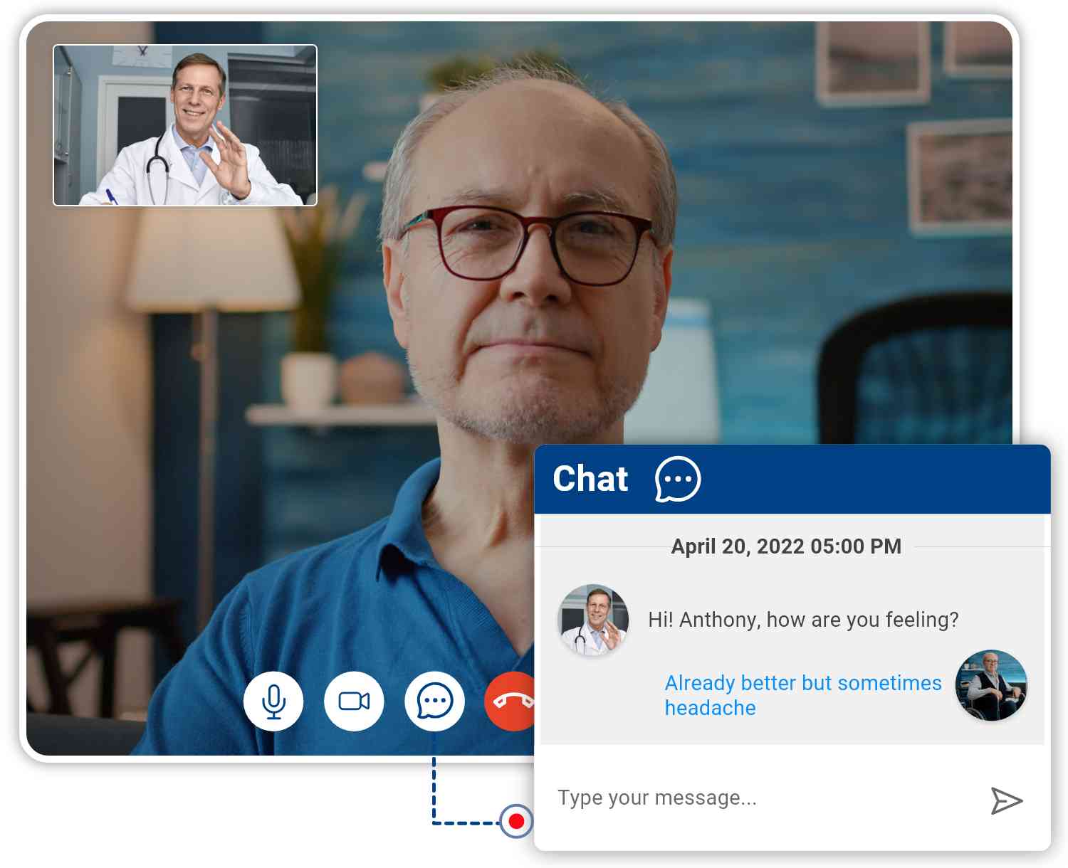 Patient and provider’s waiting room to prepare before starting a real-time video consultation and messaging.